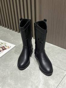 女童镂空刺绣西部牛仔靴，新款时尚中性儿童复古中筒靴，百搭马靴 - 黑色 - 查看 8