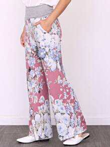 Floral Drawstring Fold Over Band Wide Leg Lounge Pants - 粉色 - 查看 1