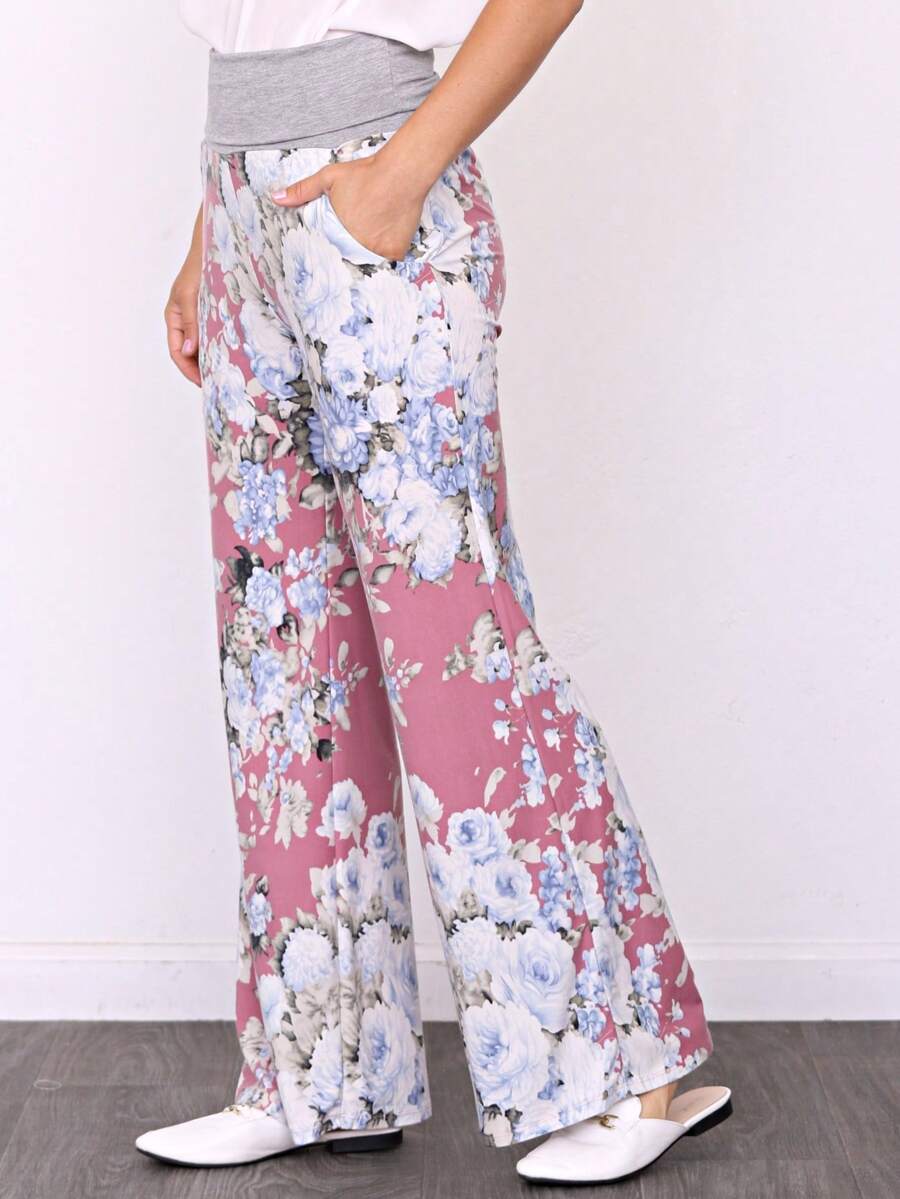 Floral Drawstring Fold Over Band Wide Leg Lounge Pants - 粉色 - 查看 1