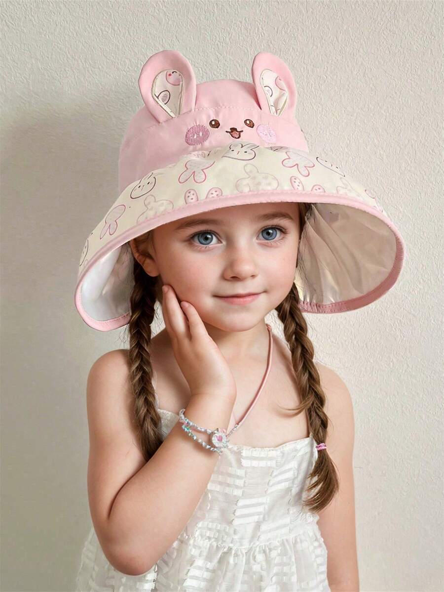 Kids Foldable Sunhat, Thin Brim Cartoon Cute Rabbit Pattern, UV Ion Sunshade Hat For Girls & Boys - Multicolor - View 1