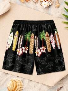 Men's Casual Palm Tree Print Drawstring Waist Beach Shorts - Multicolor - View 5