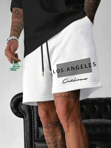 Pantaloncini casual sportivi da uomo in stile lasco con stampa geometrica e a lettere - Bianco - Visualizzare 1