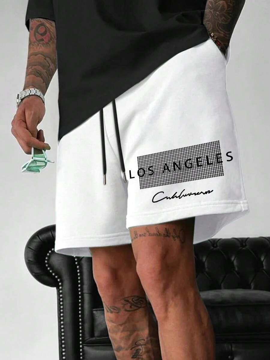 Pantaloncini casual sportivi da uomo in stile lasco con stampa geometrica e a lettere - Bianco - Visualizzare 1
