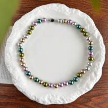 1 Piece 10mm High Luster Round Morandi Peacock Green Artificial Crystal Pearl Necklace, Autumn/Winter Bohemian Vintage Style Women Fashion Choker Necklace, Versatile For Daily Wear, Valentine's/Mother's Day Gift