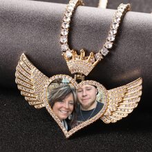 Customized Photo Personalized Crown Angel Wings Gemstone Engraved Heart Tag Photo Necklace, Stainless Steel Gift For Loved Ones, Wedding Anniversary, Valentine's Day, Jewelry Accessory