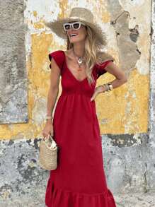 Vestidos de primavera y verano para mujeres, vestido de vacaciones rojo, moda casual, vestido sencillo y cómodo sin tirantes, diseño elegante con mangas de vuelo, vestidos largos para mujeres