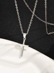 1 pieza Collar con colgante de cruz cilíndrica retorcida, estilo urbano europeo y americano, accesorio decorativo de fe para hombres - Plateado - Ver 3