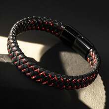 1 chiếc vòng tay da đen nguyên chất, vòng tay da Punk dành cho nam, dây da dệt bằng thép titan - Đỏ - Xem 3