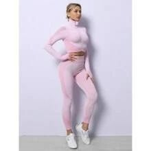 Three-Piece Set Women's Patchwork Zip Up Tracksuit, Jogging Suit, Thumb Hole Design Crop Yoga Jacket & High Waist Leggings & Wireless Sports Bra Set, Valentine's Day Gift, Jogging Suit, Ladies Sportswear, Valentine's Day Gift For Girl - Salmon Orange - View 3