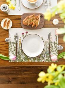 4 件套春季花卉餐垫，绿色植物印花餐垫，简约质朴织物装饰防热防水西式餐垫，适用于派对、厨房、餐厅、节日、农舍装饰