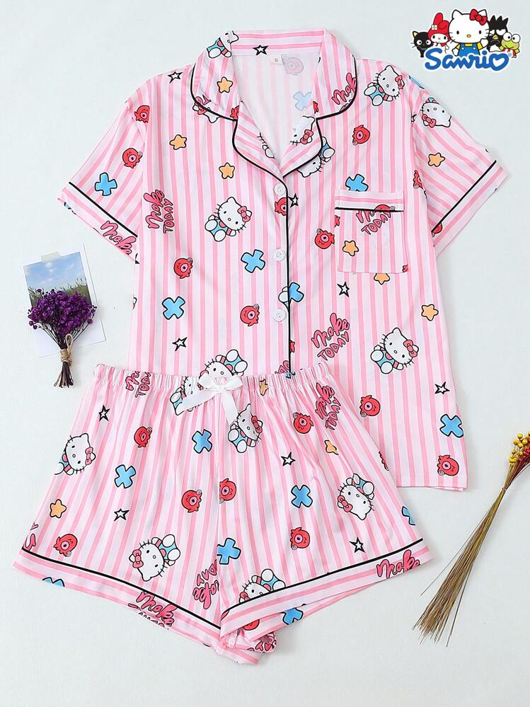 2 件套女士 Sanrio Hello Kitty 印花 Polo 领短袖纽扣口袋上衣和蝴蝶结短裤睡衣套装，适合家居服，春夏季 - 粉色 - 查看 1