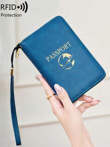MIYIN RFID Blocking Passport Cover Card Holder With Card Slot ID Window,Solid Color PU Letter&Airplane Pattern Portable Passport Clip Ticket Clip Bank Card Bag Versatile Zippered Mobile Phone Travel Passport Wallet For Men And Women, With Wrist Strap,For Travel Flight Go Abroad For Business,Passport Holder Passport Case Passport Bag Travel Accessories Back To School Stuff (Peacock Blue)