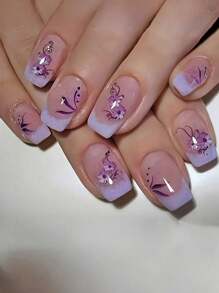 24Pcs Short Square Fake Nails, Cute Petal Decal Gradient Purple Wearable Artificial Nails Full Coverage Removable Manicure Set, Suitable For Ladies Party, Wedding & Daily Wear, European & American Valentine'S Day Press On Nails Nail Supplies Nails - Mauve Purple - View 1