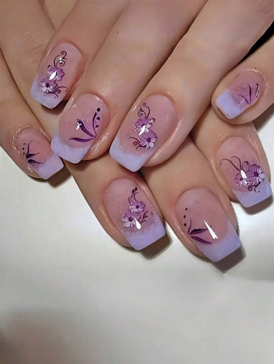 24Pcs Short Square Fake Nails, Cute Petal Decal Gradient Purple Wearable Artificial Nails Full Coverage Removable Manicure Set, Suitable For Ladies Party, Wedding & Daily Wear, European & American Valentine'S Day Press On Nails Nail Supplies Nails - Mauve Purple - View 1