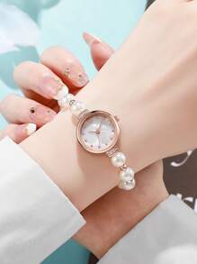 1pc Fashion Faux Pearl Bracelet Wrist Watch With Rhinestone Dial & Metal Strap, Suitable For Birthday, Halloween, Gift - White - View 6