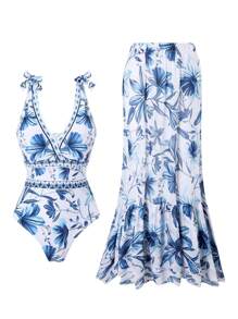 Modischer, sexy Einteiler Bikini mit Rüschenrock Set, europäischer und amerikanischer Bademode, raffende und dezente Passform, geeignet für Sommer, Strand, Urlaub
