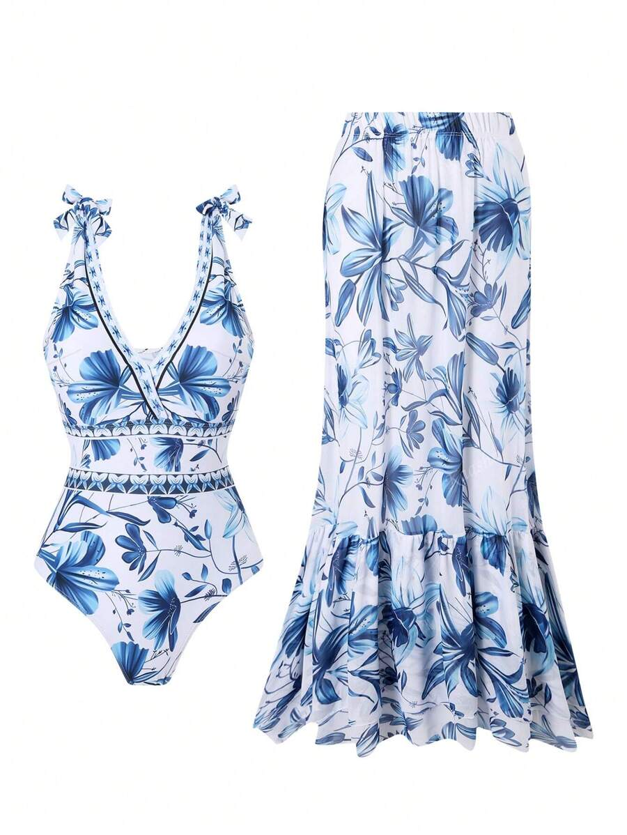 Modischer, sexy Einteiler Bikini mit Rüschenrock Set, europäischer und amerikanischer Bademode, raffende und dezente Passform, geeignet für Sommer, Strand, Urlaub