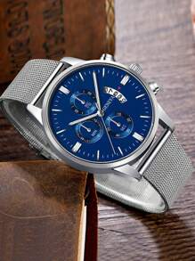 1pc Casual Men's Quartz Watch, Minimalist Round Dial, Metal Mesh Strap, Best Gift For Men, Suitable For Holidays And Daily Wear - Silver - View 3