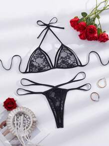 Ning xue yan ying 2 Piezas Conjunto de lencería sexy de mujer con sujetador de encaje transparente con flores, tiras en la espalda, bikini de malla, conjunto de bikini triangular halter de verano, ropa sexy clásica