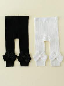 2 Packs Cotton Girls Satin Bow Detail Cropped Leggings