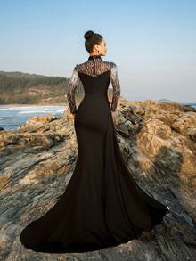 Đầm dự tiệc sang trọng cổ đứng tay dài xẻ đùi sequin, váy dự tiệc cưới, váy dạ hội thanh lịch, dành cho khách dự tiệc cưới, tốt nghiệp, tiệc tối - màu đen - Xem 4