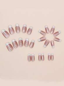 24 件长棺材形按压指甲，法式、花卉、蝴蝶点、钻石闪亮假指甲，带 1 个指甲胶和 1 个指甲锉 - 彩色 - 查看 4