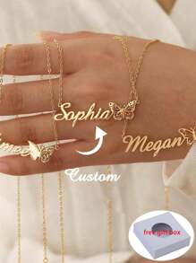 12pcs Customized Butterfly Birth Month Necklace, Stainless Steel Personalized Name Plate Necklace, Fashionable Charm Jewelry For Wedding, Party, Birthday, Autumn Seasons, Ideal Gift For Girlfriend, Mother, Family, Friend, Daughter, Grandparent