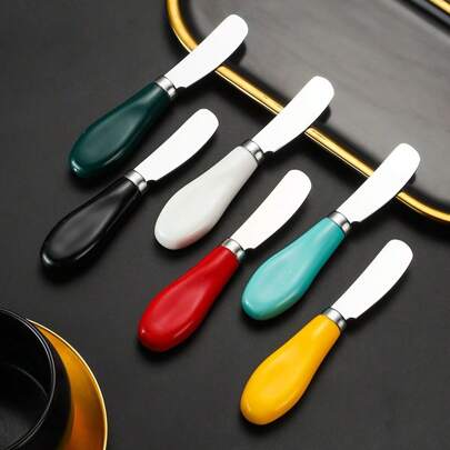 6pcs, Ceramic Handle Stainless Steel Butter Knife, Butter Knife, Cutlery Set, Bread Coated Jam Scraper, Butter Spreader, Cheese Knife, Kitchen Utensils, Kitchen Accessories, Kitchen Supplies
