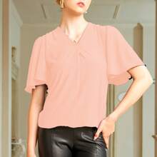 Blusa con  escote V manga plisada en escarola combinable con jeans - Rosa Polvo - Ver 2