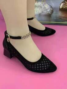 Black Mesh Hollow-Out Sandals, Soft Sole Fashion Mommy Stylish Flats For Summer 2025, Ladies Strappy Hollow Sandals New Summer Designs, Star Decor Mommy High Heel Sandals For Women