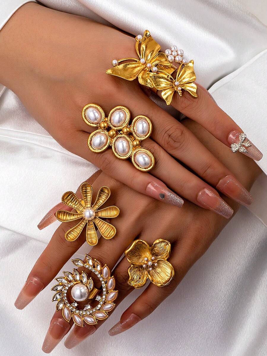 5pcs Gold Flower Shaped Ring Set, Women's Faux Pearl Floral & Butterfly Decor Chunky Rings, Spring/Summer Jewelry - Gold - View 1