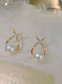 1 Pair Fashionable Elegant Crossed Rhinestone & Pearl Earrings