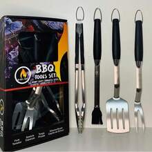 Asada-Acero inoxidable-Uso rudo-Herramientas de asador-Accesorios de parrilla-Set Pinza, Tenedor, Espátula, Cepillo de silicón para barbacoa-kit 4 piezas para regalo - 1 - Ver 1