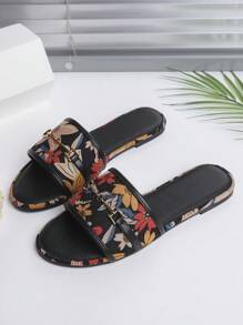New Women Outdoor Flat Slippers, Metal Decor Floral Black Sandals, Round Toe Thick Sole Anti-Slip, Fashion Versatile Commuting Party Sandals, Available In Multiple Sizes - Floral Color Black - View 4