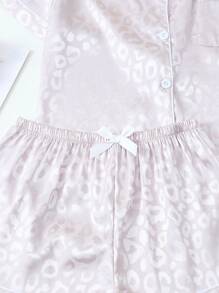 2pcs Satin Leopard Print Short Sleeve Shirt Collar Top And Bowknot Shorts Pajama Set For Women - Bạc - Xem 5