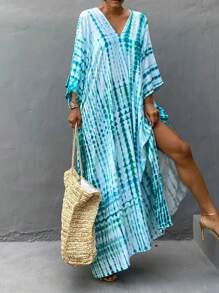 Plus Size Women's Elegant V-Neck Batwing Sleeve Robe With All Over Graphic Print - Sky Blue - View 2
