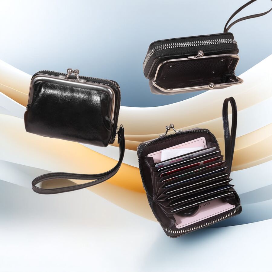 Ví da thật đa năng đơn giản màu trơn cổ điển có khóa Kiss thời trang thường ngày đựng thẻ & hộp đựng quà tặng Giáng sinh Quà tặng lễ Tạ ơn cổ điển cho ví đeo tay móc chìa khóa đựng thẻ Ví đựng danh thiếp đựng thẻ tín dụng cho phụ nữ Ví mini Ví đựng thẻ - màu đen - Xem 1