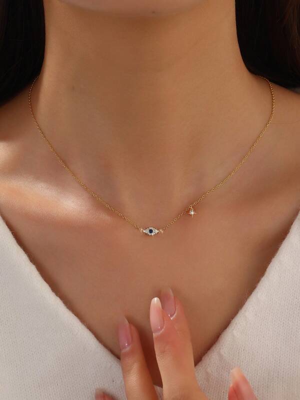 1 pieza Collar colgante de ojo azul con 1 línea de Rhinestone de plata de ley 925, joyería de moda y minimalista para uso diario, vacaciones, aniversario como regalo