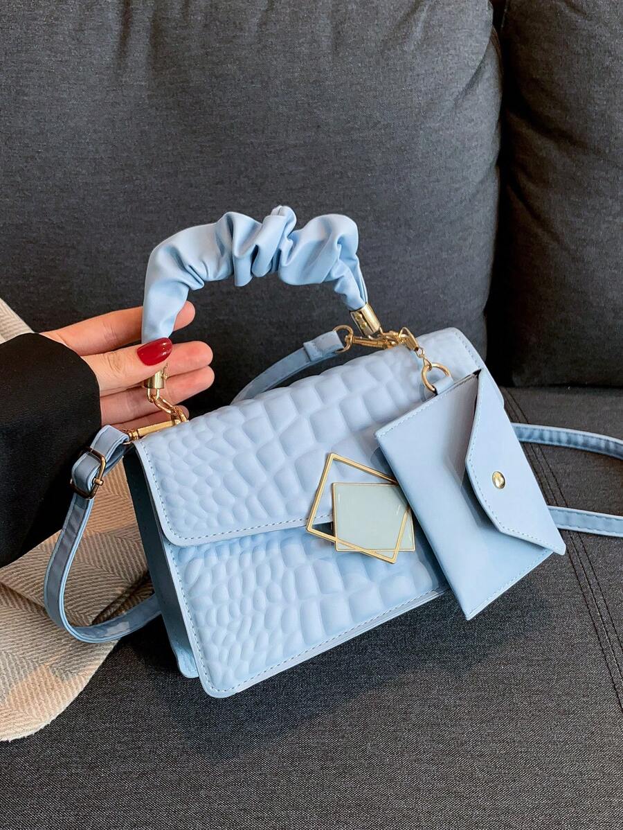 New Vintage Crocodile Embossed Solid Color PU Small Square Handbag For Women (With Small Hanging Decoration), Spring/Summer - Blue - View 1