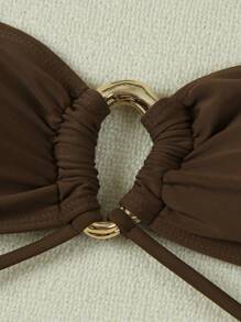 新款春夏性感纯色卡其色三件套比基尼泳衣，海滩度假派对约会装 - 卡其色 - 查看 7