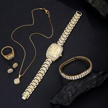6 Stücke elegantes und modisches, funkelndes Luxus Damen Uhren-Set mit Halskette, Ohrringe, Armband, Ring, mehrere Farboptionen, ideal als Geschenk für den täglichen Gebrauch, Geburtstag, Party, Schulanfang, Muttertag und andere Feiertage