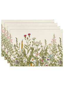 4 件套春季花卉餐垫，绿色植物印花餐垫，简约质朴织物装饰防热防水西式餐垫，适用于派对、厨房、餐厅、节日、农舍装饰