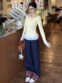 新款女士春秋季针织长袖圣诞角色扮演简约黄色二合一修身荷叶边下摆打底衫上衣，适合娇小身材 - 黃色 - 查看 4