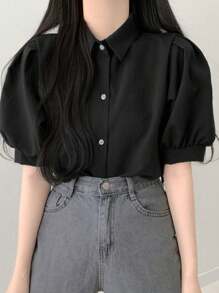 Summer Casual Solid Color Loose Puff Sleeve Shirt