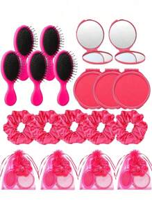 12/20Pcs Pink Party Favors Set - Bridal Shower Gifts, Stretchable Scrunchies, Mirrors, Hair Brushes, Mesh Gift Bags, Hair Accessories For Wedding, Proposal, Birthday Party Supplies Back To School Valentine's Day - Pink - View 5