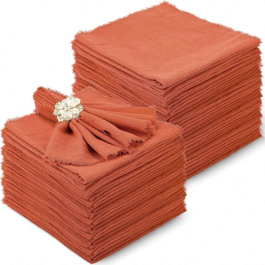 24pcs/Set Soft Fringed Plain Color Crepe Napkins, 12.6*12.6 Inch/32*32cm, Decorative Placemats For Western Dining Table, Restaurant, Hotel, Kitchen Towels, Tea Towels - Burnt Orange - View 1