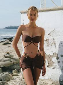 新款春夏性感纯色卡其色三件套比基尼泳衣，海滩度假派对约会装 - 卡其色 - 查看 1