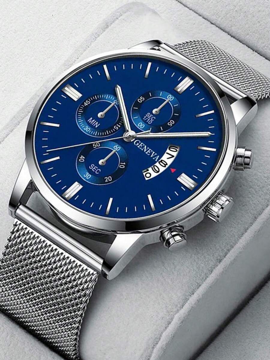 1pc Casual Men's Quartz Watch, Minimalist Round Dial, Metal Mesh Strap, Best Gift For Men, Suitable For Holidays And Daily Wear - Silver - View 1