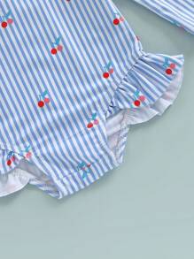 Traje de baño de manga larga con estampado de rayas y animales marinos para niña con protección contra erupciones y sombrero para el sol. - Azul - Ver 5