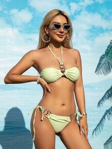 1pc Women's Solid Color Halter Tie Strap 2-Piece Bikini Swimwear, New Ruffled Bikini Set, Cross-Border, For Summer Beach Vacation - Light Green - View 7